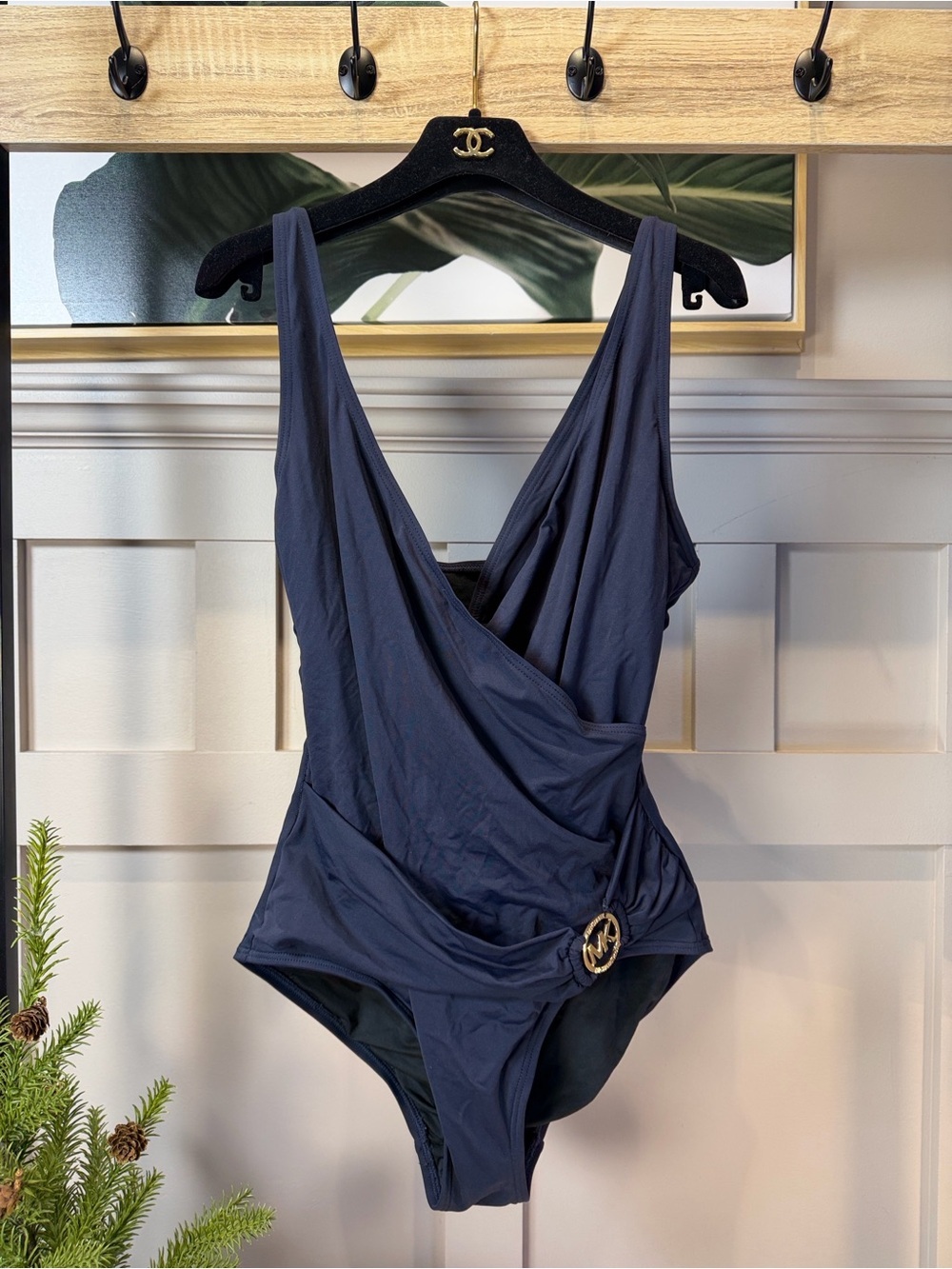 Michael Kors One Piece Blue  Swimsuit w/Gold Circle Logo Hardware Women's Sz 12